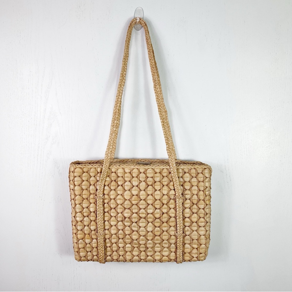 VINTAGE 50’s Italian straw woven tote purse with cotton linen lining